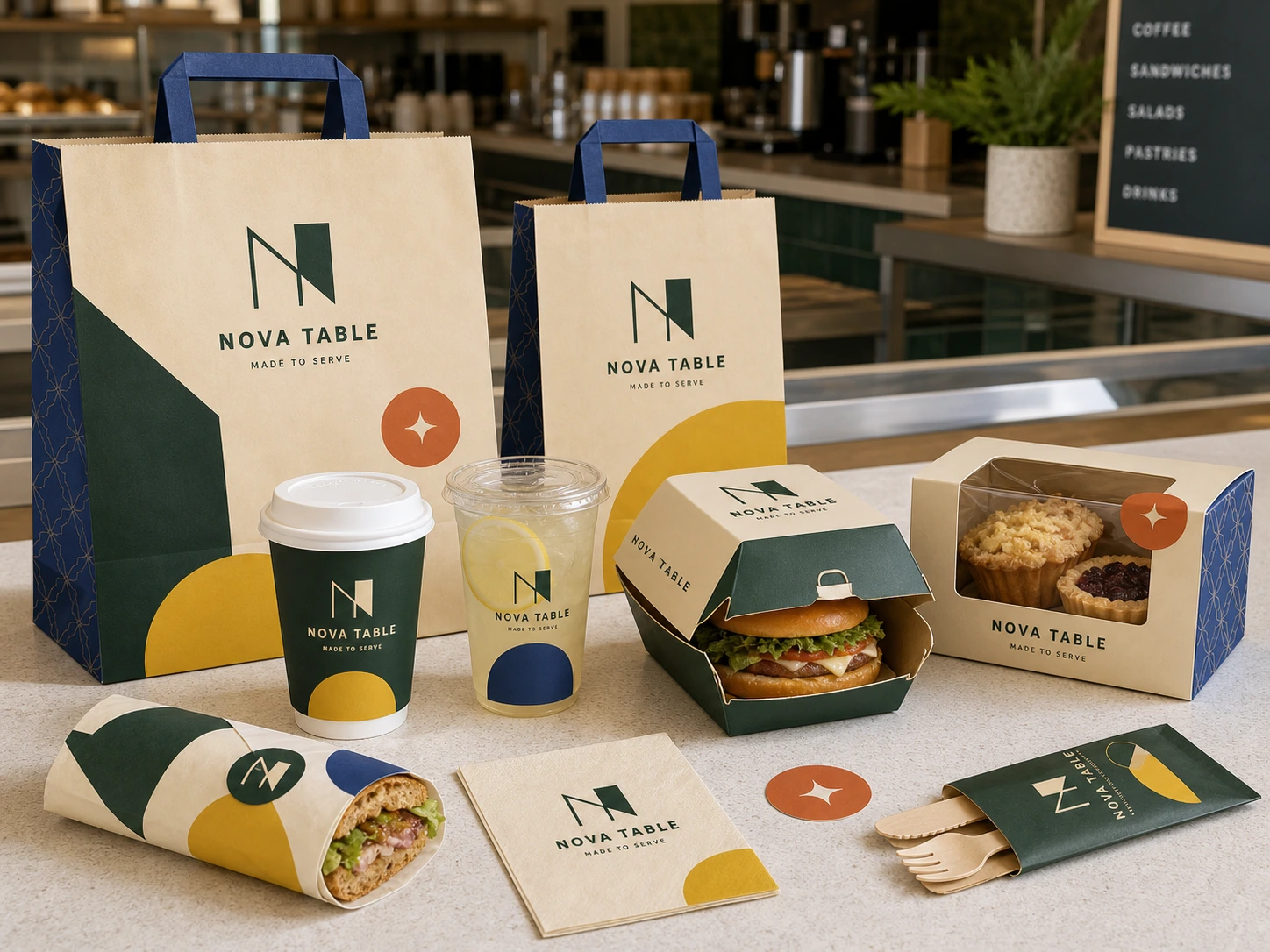 Coordinated private-label foodservice packaging family with bags, cups, food boxes, wraps, napkins and cutlery